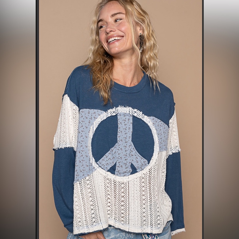 Boho Peace Sign Patchwork Pullover Sweater - Blue & White